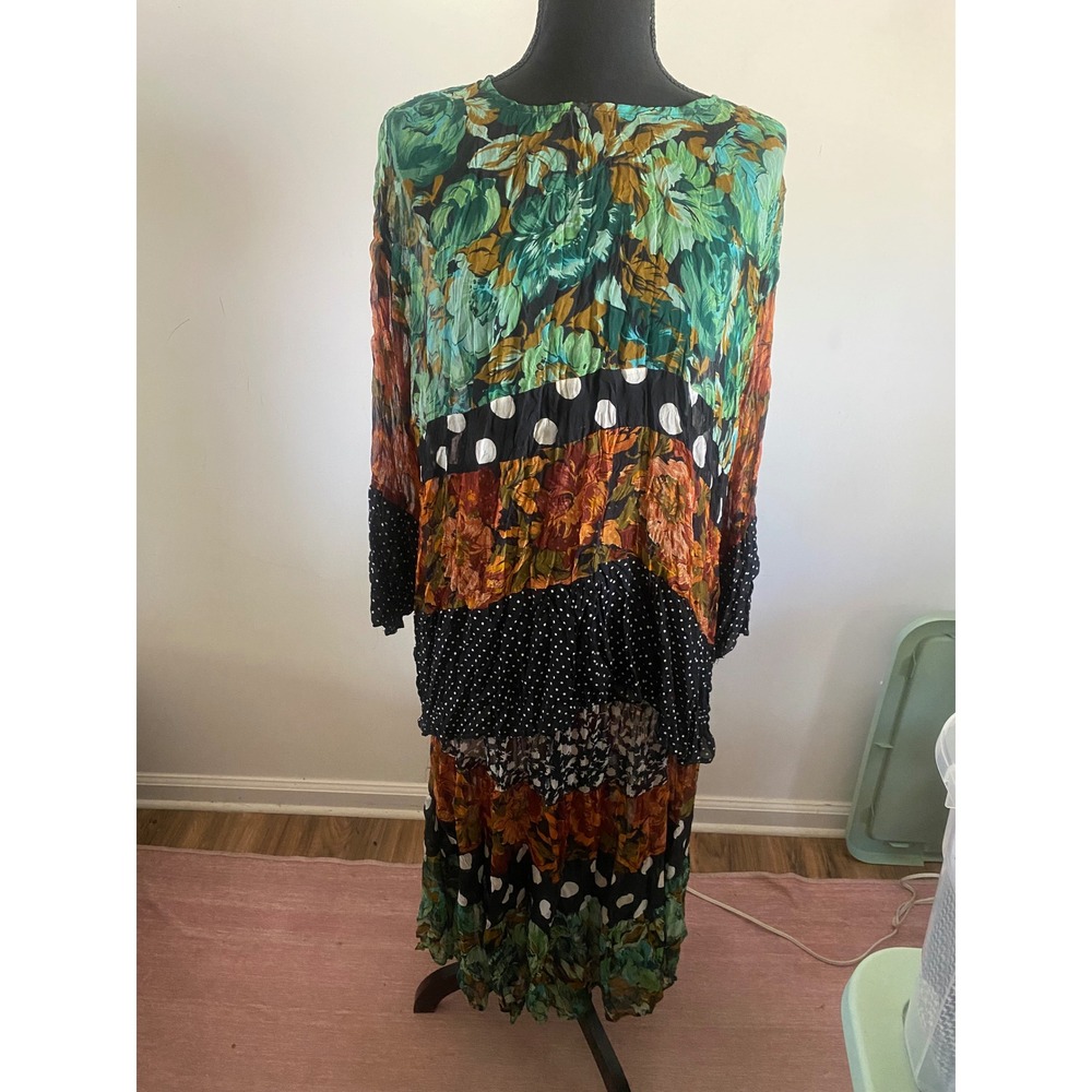 Evelynne Vintage Mixed Floral Polka Dot Tiered Gauze 2 Piece Skirt Set Womens XL
